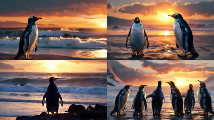 4K逆光夕阳下的企鹅