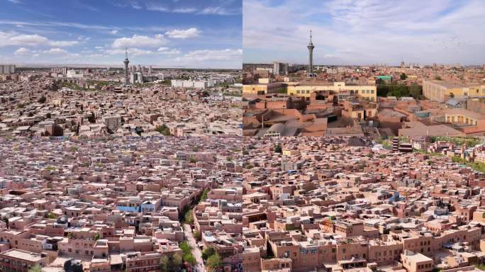 新疆喀什古城航拍 晴朗天气