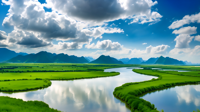 草原河流 蓝天白云延时
