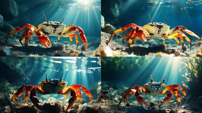 4K水底世界，阳光照进水里的蟹