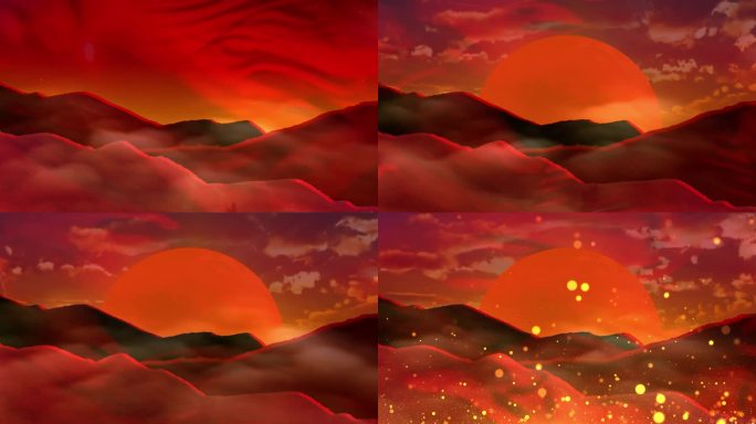 红色大山轮廓红日舞台背景