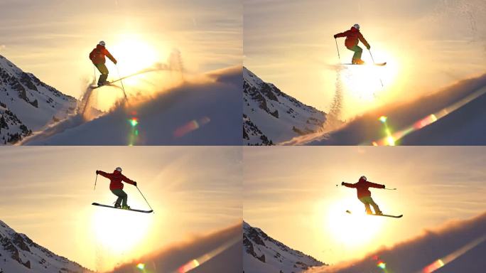 滑雪板运动员跳起越过太阳