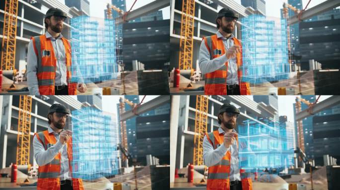 白人男建筑师使用混合现实头戴式设备可视化和操作建筑工地的3D建筑模型，提高建筑设计和规划的精度和效率