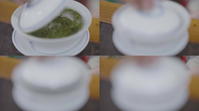 绿茶泡茶4K升格原创茶碗冲泡喝茶光影好看