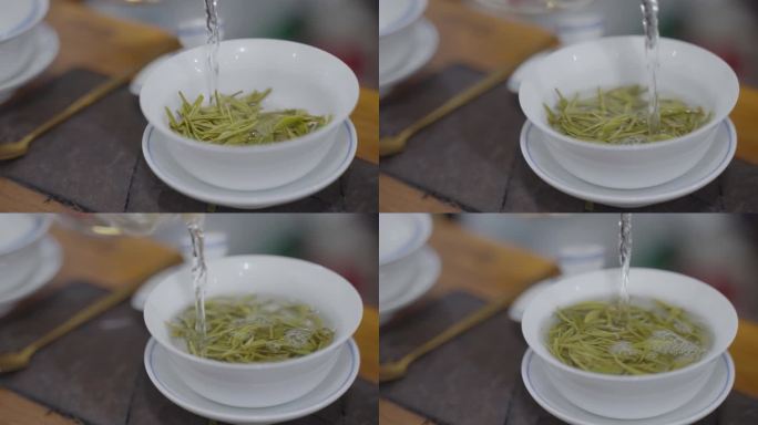 绿茶泡茶4K升格原创茶碗冲泡喝茶光影好看