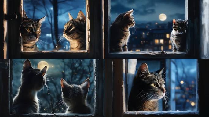 4K猫窥窗外夜色