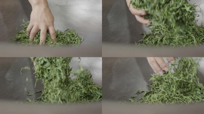 绿茶手工茶制作摊青杀青炒茶叶4K原创手部