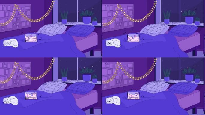 舒适的卧室与睡觉的猫卡通动画