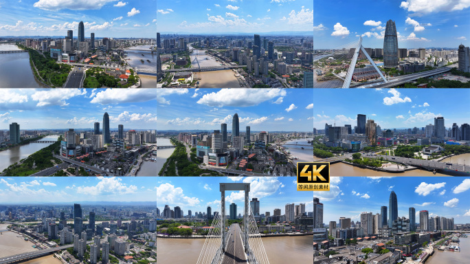 宁波三江口地标蓝天白云航拍延时和航拍4K