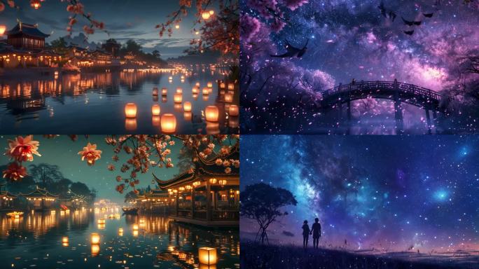 七夕牛郎织女鹊桥相会花灯美景