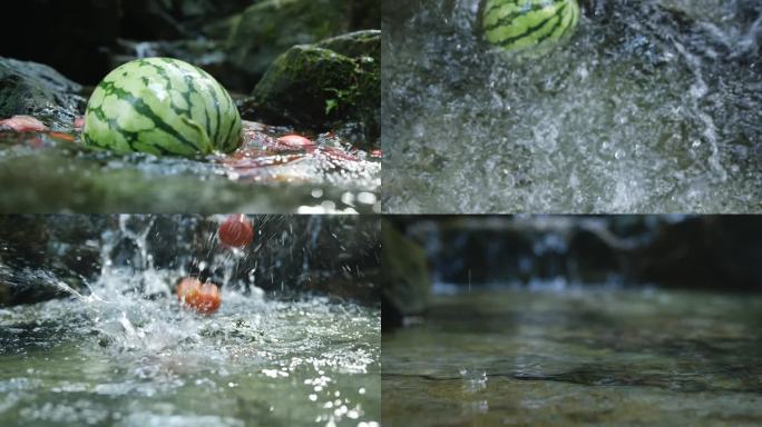 清凉夏日西瓜水果掉进溪水里
