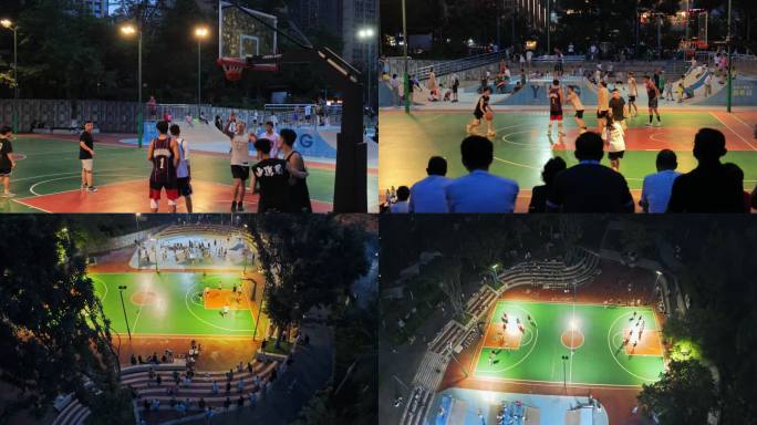 4K城市夜晚体育公园打篮球