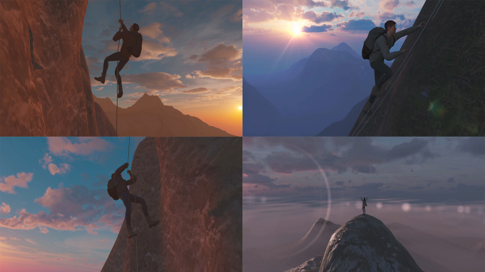 4K攀登高峰角色挥舞旗帜AE模版