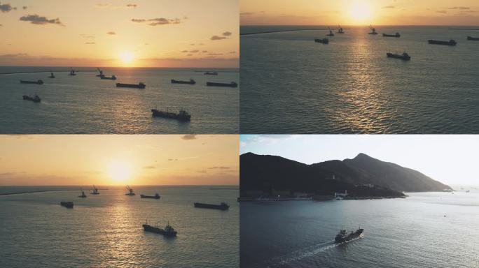【4K】清晨日出港湾货轮出海