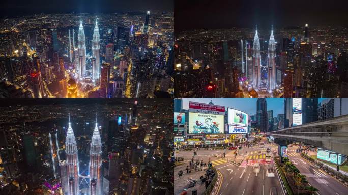 马来西亚吉隆坡双子塔夜景航拍4K