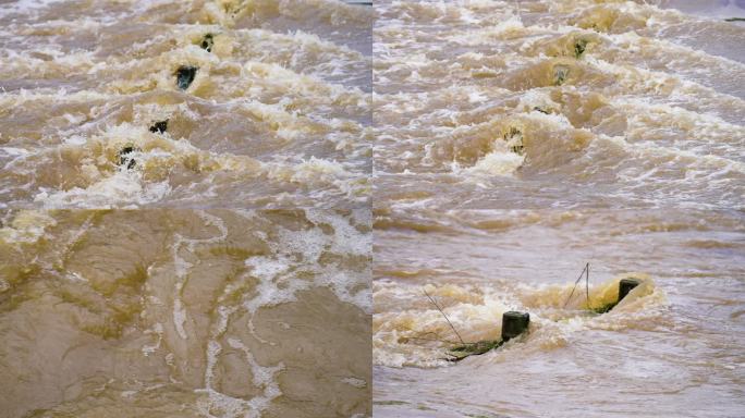 洪水 翻腾的河水 黄色的河水