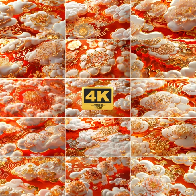 4k喜庆金红祥云花卉背景【合集】