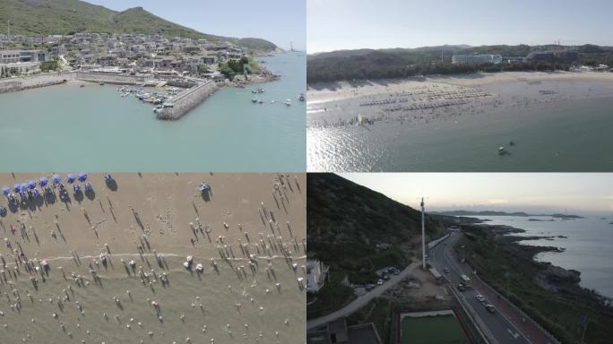 晴天平潭北港村坛南湾航拍素材沙滩人多