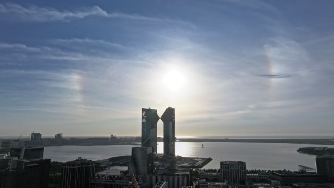 浦东临港滴水湖日出霞光彩虹日晕航拍