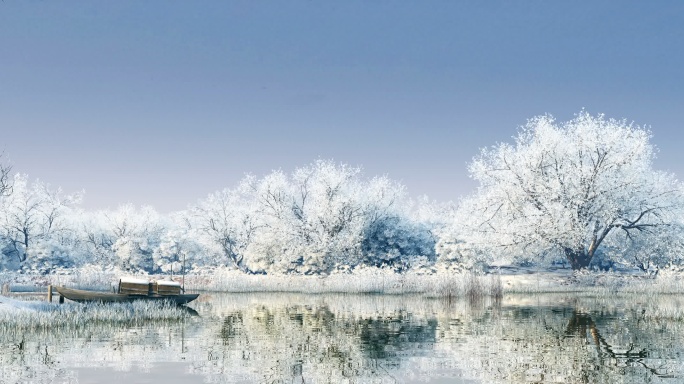 冬天冬景湖景倒影小船枯木白雪银装素裹仙境