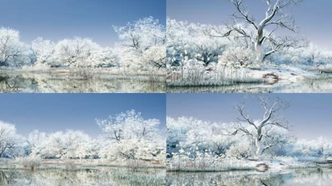 冬天冬景湖景倒影小船枯木白雪银装素裹仙境
