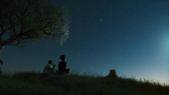 男孩和女孩在夜空下聊天。夜空中的流星