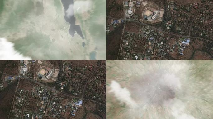 地球从太空放大到马拉维的利隆圭。接着是通过云层和大气层进入太空。卫星的视图。旅游介绍。图片来自Bin