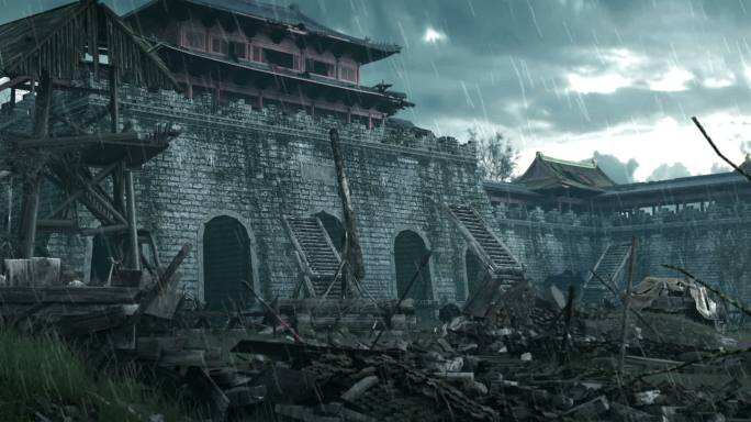 古代战后城墙破败萧条废墟