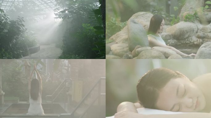 美女泡温泉SPA按摩开背康养瑜伽氧吧