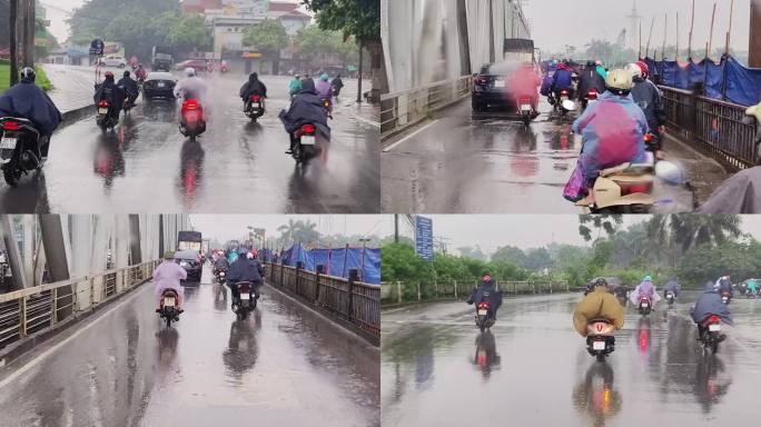 摩托车头盔雨衣雨天骑车人群冒雨开摩托行驶