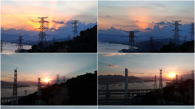 4K实拍夕阳下的电塔延时