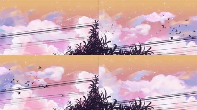 黄昏飞鸟 粉色天空 浪漫卡通天空 儿童剧