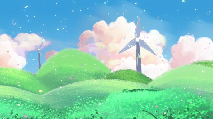 卡通蓝天白云  插画天空 唯美草原风车