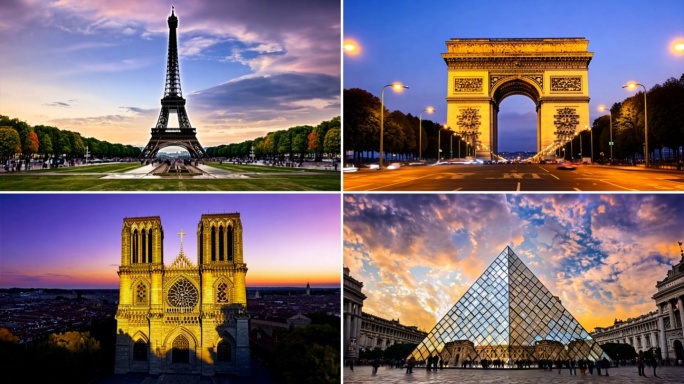 巴黎地标埃菲尔铁塔卢浮宫凯旋门巴黎圣母院