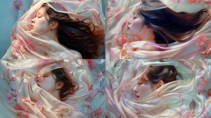 丝绸围绕美丽女性飘动
