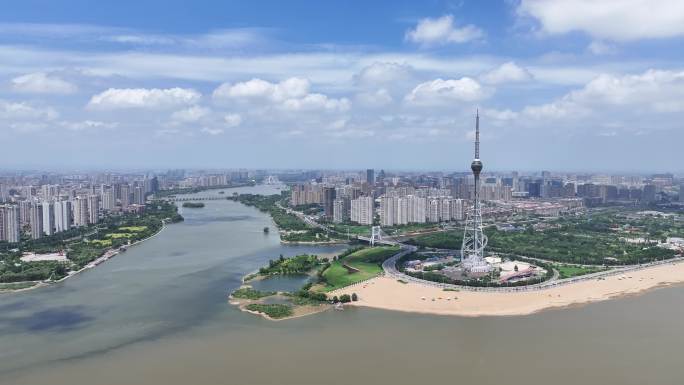 临沂航拍 沂河三河口沙滩北城素材好天气