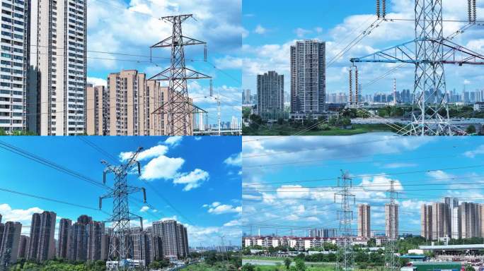 4K航拍夏季住宅楼和电线塔