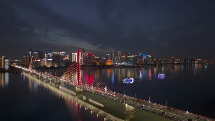 杭州西兴大桥钱塘江奥体钱江新城夜景