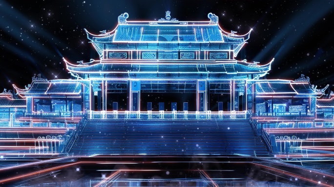 全息蓝色线框宫殿投影