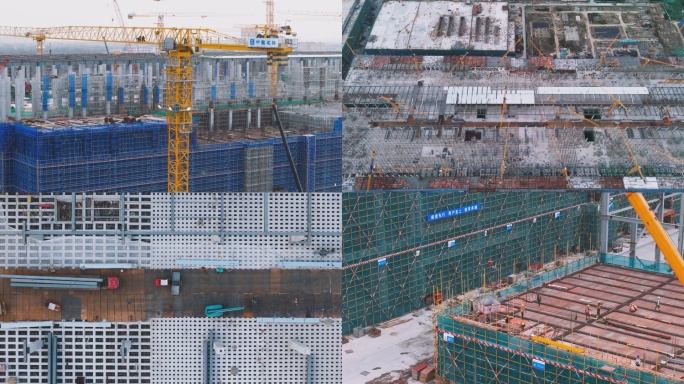 城市建设吊塔建筑工地工人施工航拍延时