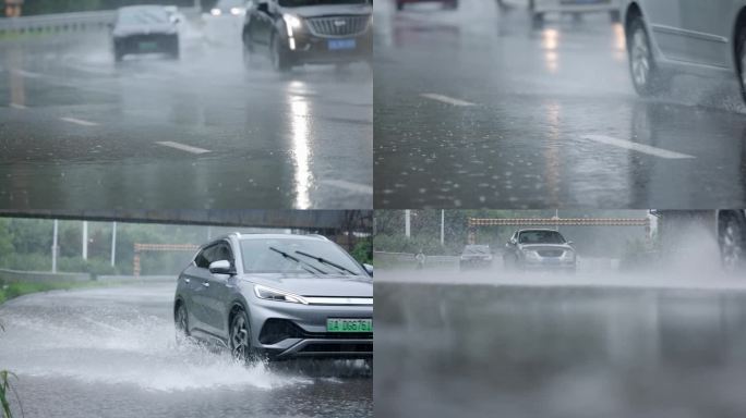 暴雨天开车行驶台风降雨路面积水行车