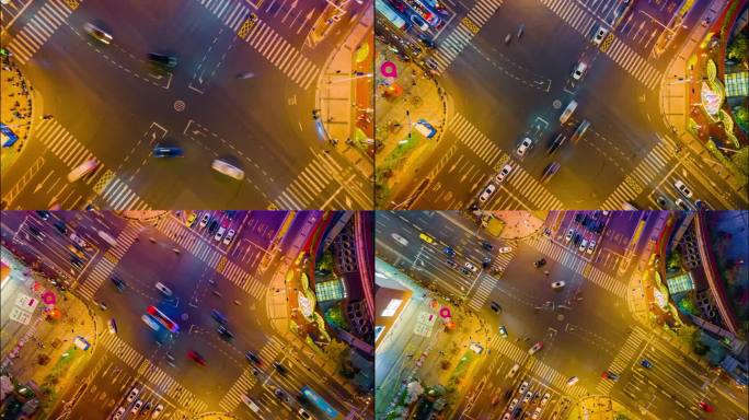 4K无锡三阳广场十字路口夜景航拍延时