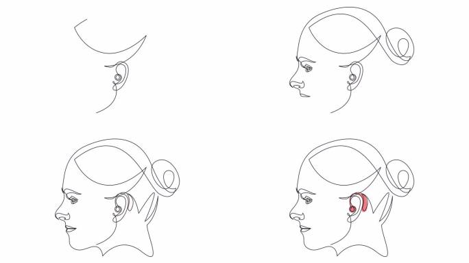 佩戴助听器的女性自绘动画，连续一行绘制。