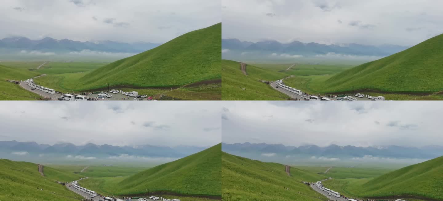 新疆 远眺 公路 车流 蜿蜒