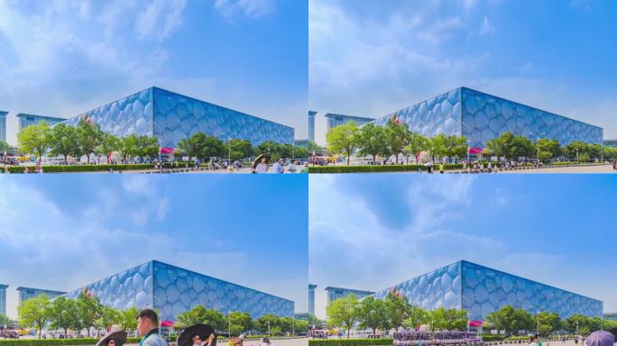 北京国家游泳中心（水立方）蓝天白云游客
