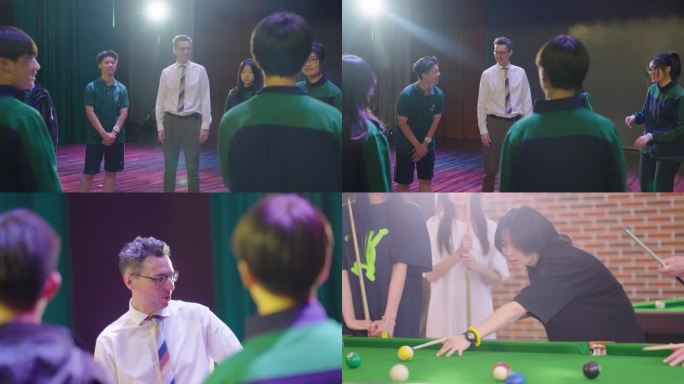 高校课余生活外教带领学生互动游戏打台球