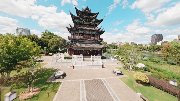 4k武汉景区紫阳湖公园紫阳阁穿越机航拍