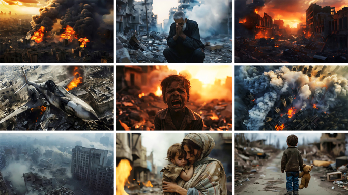 战争场景战场废墟 战场上的女人和小孩