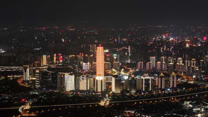 夜景郑州CBD大玉米高楼建筑亮化下降