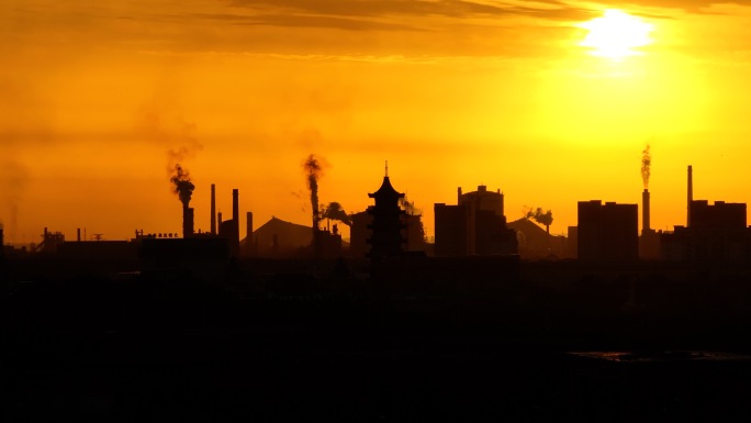 工厂污染航拍 工厂污染夕阳